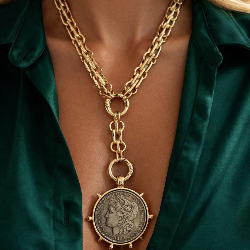 Vintage Gold 1880 Coin Statement Necklace Y Lariat